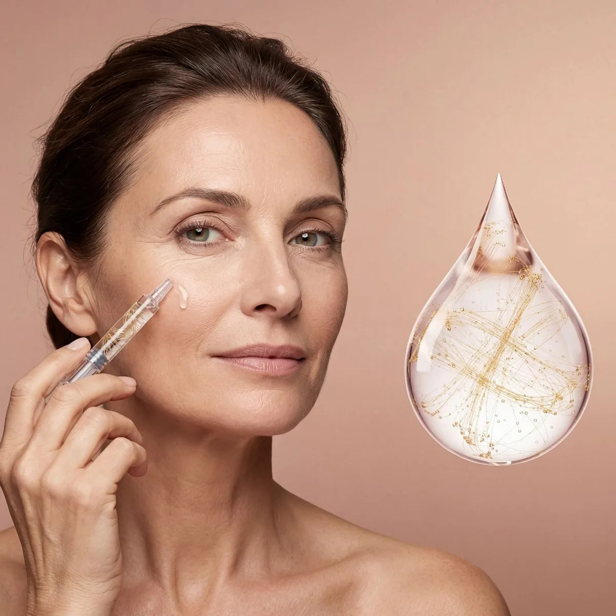 Une femme applique le sérum Aenoya aux peptides de soie à la seringue cosmétique