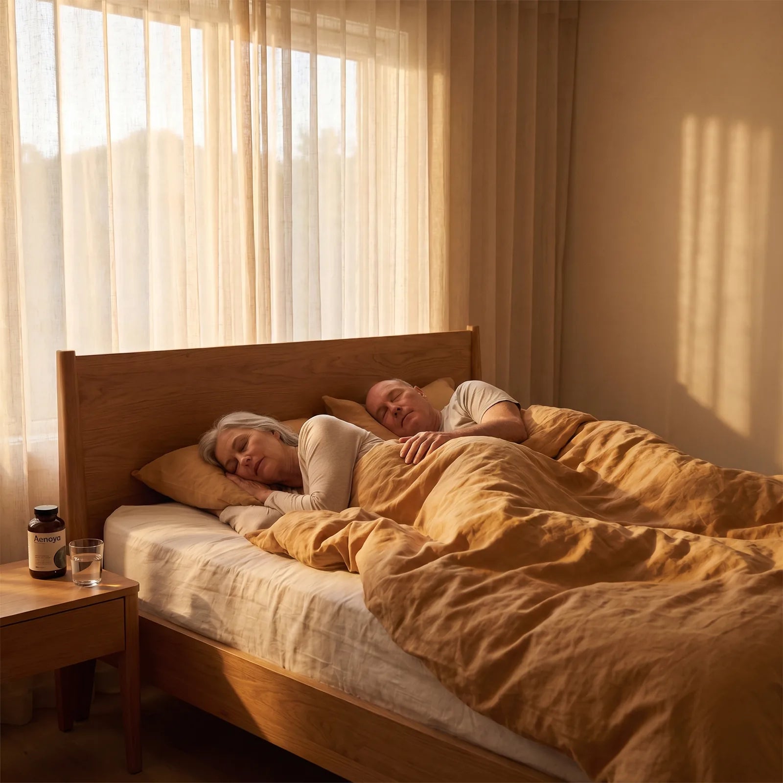 Un couple dort paisiblement dans un lit baigné de soleil