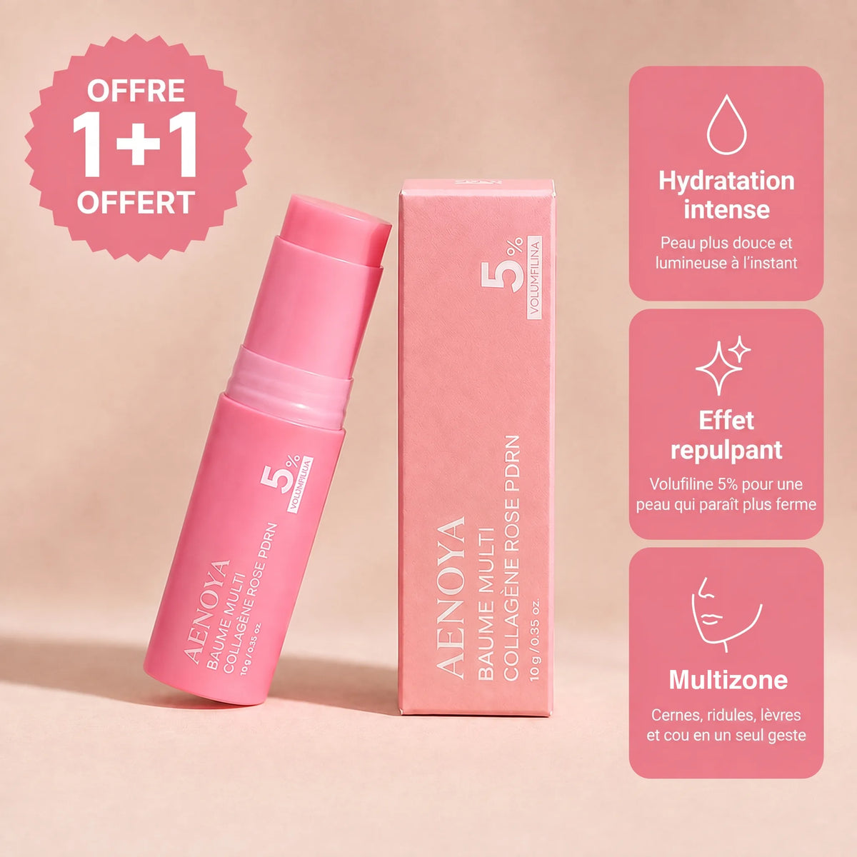 Baume PDRN Collagène Aenoya : le stick et son étui, offre 1+1 offert