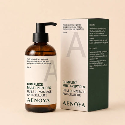 Huile Anti-Cellulite aux Peptides Aenoya : le flacon pompe et sa boîte