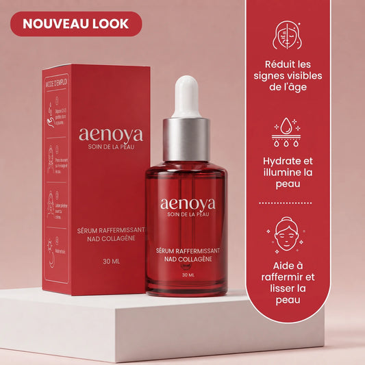 Sérum Raffermissant NAD+ Aenoya, le flacon compte-gouttes et sa boîte