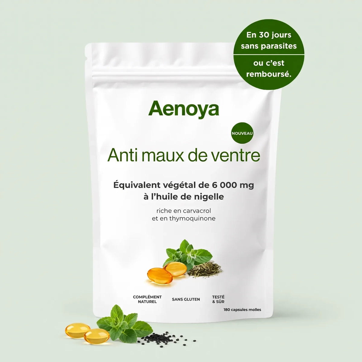 Anti maux de ventre Aenoya : huile d'origan et huile de nigelle, 180 capsules molles