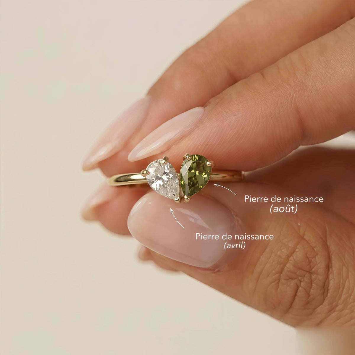 Les deux pierres de naissance de la bague Noya, ao&ucirc;t et avril