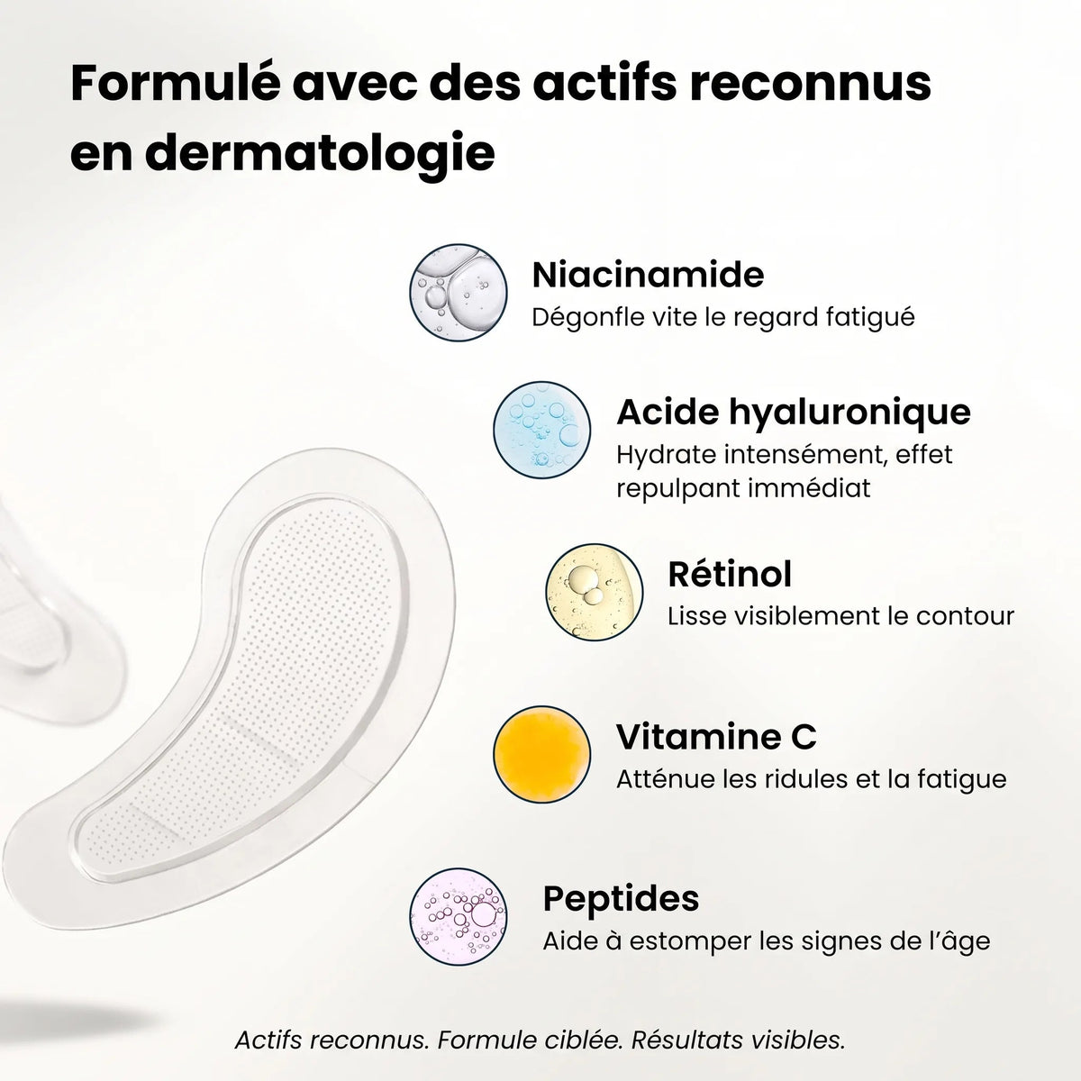 Les cinq actifs des patchs : niacinamide, acide hyaluronique, rétinol, vitamine C, peptides