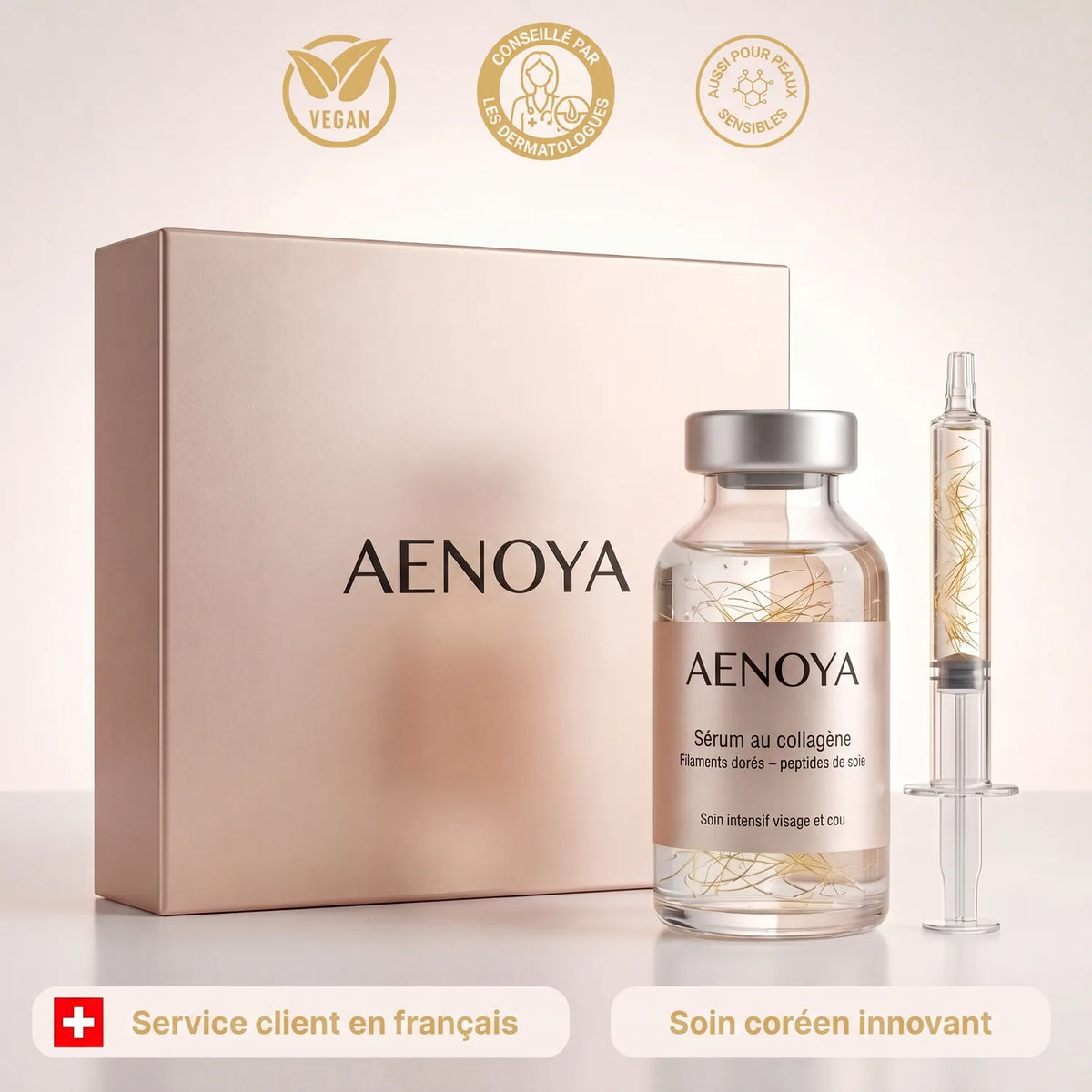 Sérum Aenoya aux peptides de soie : coffret, flacon et seringue cosmétique