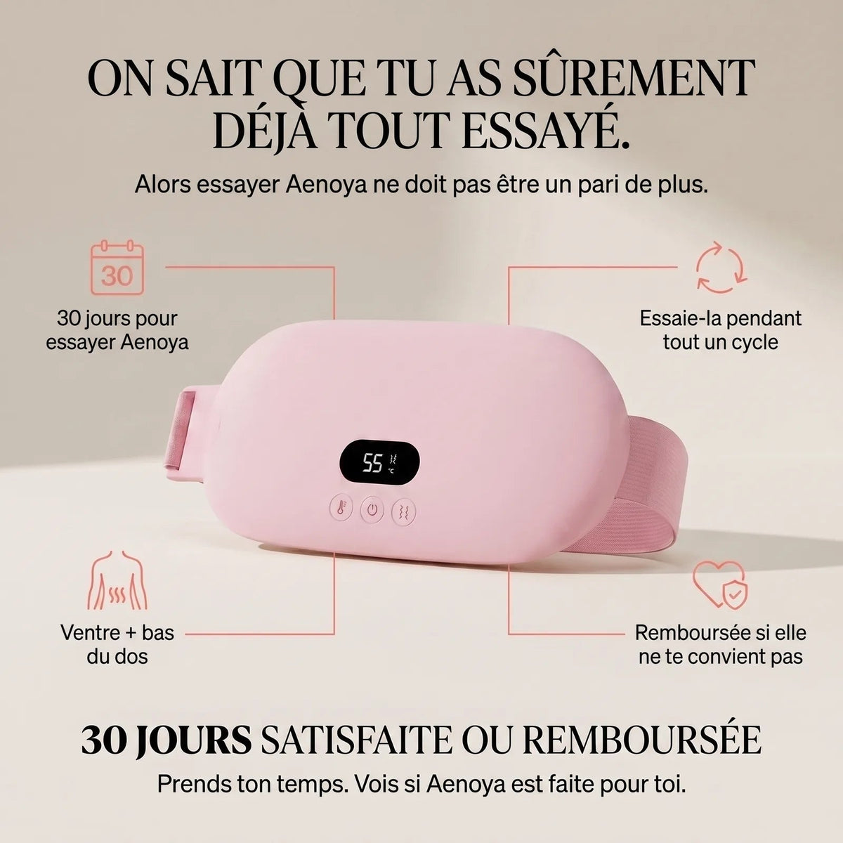 Ceinture chauffante Aenoya, 30 jours satisfaite ou remboursée