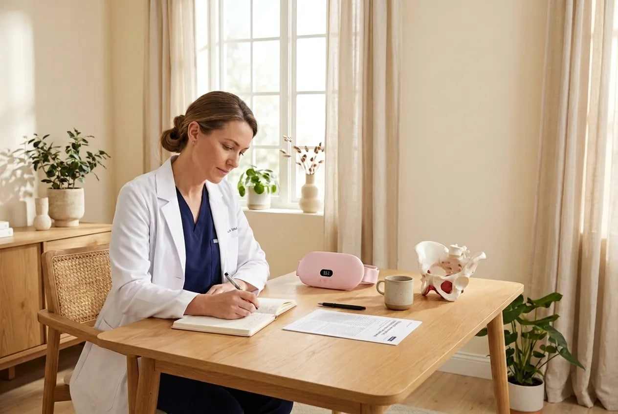 Une professionnelle de sant&eacute; prend des notes, la ceinture chauffante pos&eacute;e sur son bureau