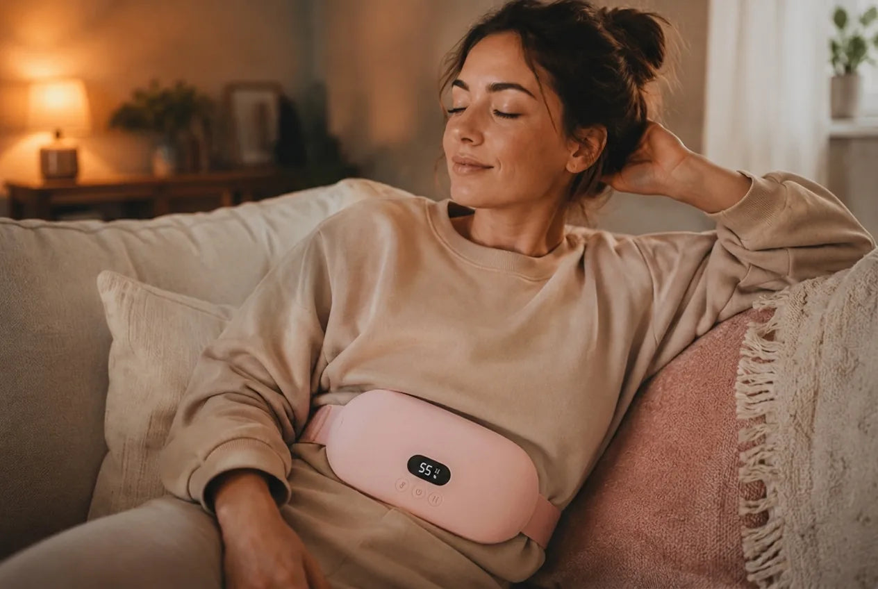 Une femme d&eacute;tendue sur un canap&eacute; porte la ceinture chauffante sur le ventre