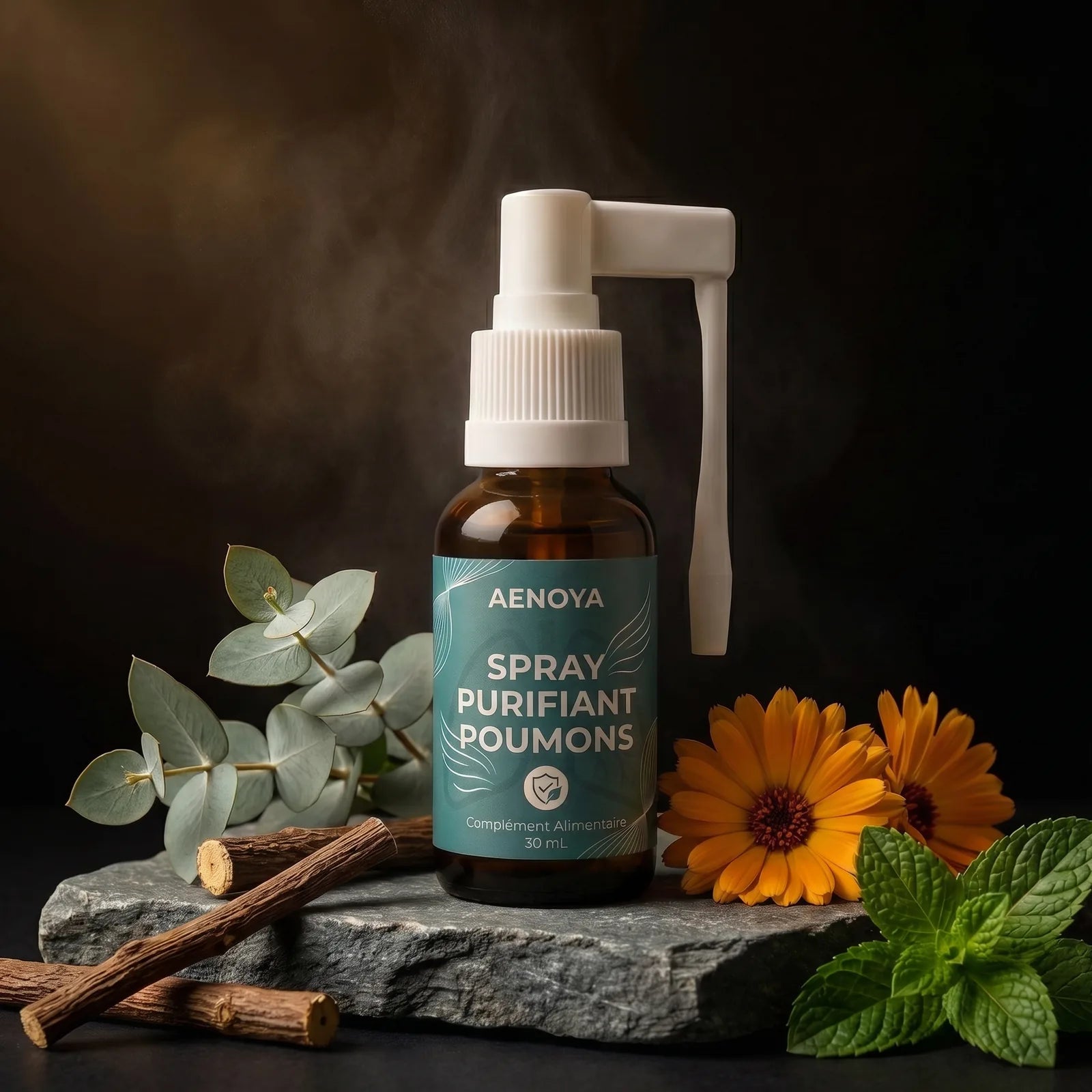 Le Spray Purifiant Poumons Aenoya entour&eacute; d&rsquo;eucalyptus, de r&eacute;glisse, de calendula et de menthe
